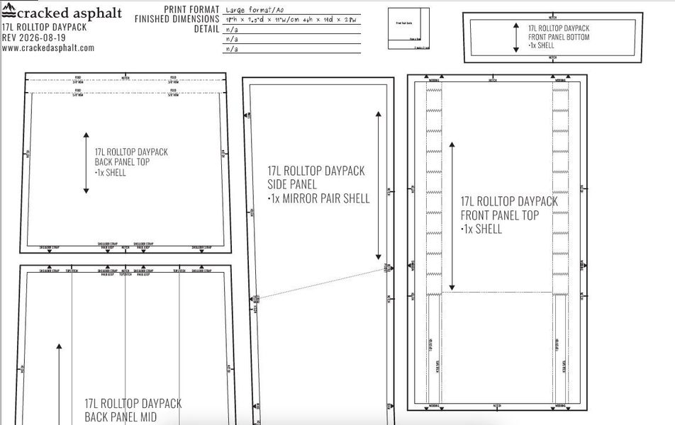 Preview of the 17L Rolltop Daypack A0/large-format PDF pattern template
